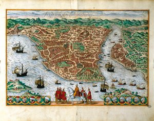 Italia, Milano, Perspektivutsikt over byen Konstantinpol av Georg Braun (1541-1622) og Franz Hogenberg (1535-1590), fargegravering av Georg Braun and Hogenberg Franz