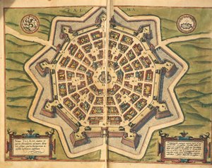 Italia, Palmanova, kart, gravering fra Civitates Orbis Terrarum av Georg Braun og Franz Hogenberg, aktiv i Köln av Georg Braun and Hogenberg Franz
