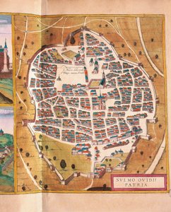 Italia, Sulmona, byen Sulmona fra Civitates Orbis Terrarum av Georg Braun og Franz Hogenberg, gravering