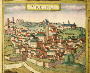 Italia, Urbino, Utsikt over byen, fargegravering fra Civitates Orbis Terrarum av Georg Braun (1541-1622) og Franz Hogenberg (1535-1590) av Georg Braun and Hogenberg Franz