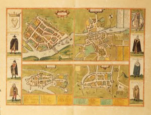 Kart over Galway, Dublin, Limerick og Cork fra Civitates Orbis Terrarum av Georg Braun