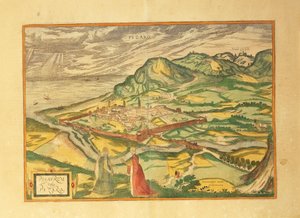 Kart over Pesaro fra Cities of the World av Georg Braun av Georg Braun and Hogenberg Franz