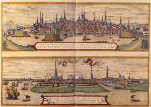 På toppvisningen av byen Lubeck, under byen Hamburg i Tyskland. Gravering fra atlaset til "Braun og Hogenberg" 1572 av Georg Braun and Hogenberg Franz