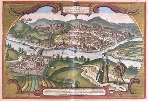 Budapest, Ungarn (gravering av Georg Braun and Hogenberg Franz