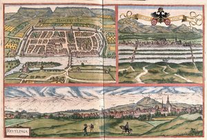 Heilbronn (Tyskland), Mulhouse (Frankrike) og Reutlingen (Tyskland) (gravering av Georg Braun and Hogenberg Franz