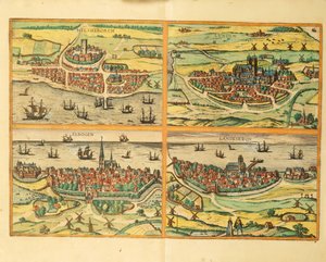 Helsingborg, Lund, Malmø, Elbogen og Landskrona, fra Verdensbyene, Köln av Georg Braun and Hogenberg Franz