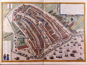 Kart over Amsterdam. Atlas over Braun og Hogenberg. Amsterdam 1588 av Georg Braun and Hogenberg Franz