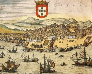 Kart over byen Lisboa, fra Civitates Orbis Terrarum av Georg Braun og Franz Hogenberg, gravering av Georg Braun and Hogenberg Franz