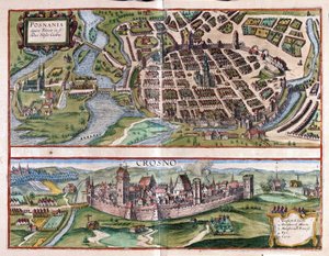 Poznan og Krosno, Polen (gravering av Georg Braun and Hogenberg Franz