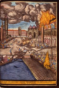 Den store brannen i hertugpalasset på Markusplassen i Venezia i 1577. Gravering av George Braun I "" Civitatis Orbis Terrarum"" bind I skrevet av Franz Hogenberg (1535-1590)