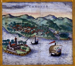 Utsikt over Canonor (eller Cannanore) i India fra en utgave av "Civitates Orbis Terrarum" av Braun og Hogenberg av Georg Braun and Hogenberg Franz