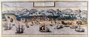 Utsikt over Kozhikode eller Calicut i India fra Atlas "Civitates Orbis Terrarum" av Braun & Hogenberg