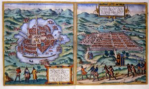 Utsikt over Mexico City (Mexico) og Cuzco (Peru). Atlas Braun og Hogenberg av Georg Braun and Hogenberg Franz