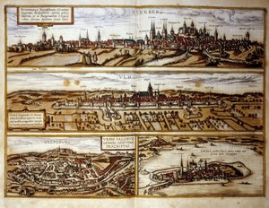 Utsikt over de tyske byene Nürnberg og Ulm, Salzburg, Østerrike. Gravering fra atlaset til "Braun og Hogenberg" 1572 av Georg Braun and Hogenberg Franz