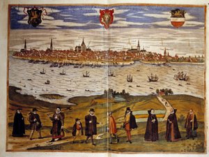 Utsikt over byen Roztock, Tyskland. Gravering fra atlaset til "Braun og Hogenberg" 1572 av Georg Braun and Hogenberg Franz
