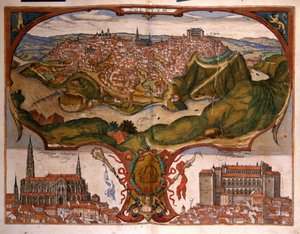 Utsikt over byen Toledo på 1500-tallet. Gravering av George Braun i "" Civitatis Orbis Terrarum"" bind I skrevet av Franz Hogenberg (1535-1590) av Georg Braun and Hogenberg Franz