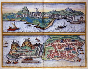Utsikt over havnen i Candie (dagens Heraklion) på Kreta og havnen på Korfu i Hellas Gravering av George Braun I "" Civitatis Orbis Terrarum""" bind I skrevet av Franz Hogenberg (1535-1590) av Georg Braun and Hogenberg Franz