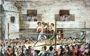 En sparringskamp på fives-banen, London, fra et trykk publisert i 1812 (farge litho)