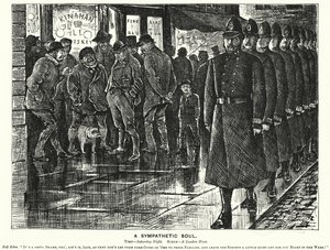 Punch-tegneserie: A Sympathetic Soul - politi i London-slummen (gravering) av George (after) Du Maurier