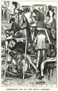 Punch tegneserie: Varnishing Day at Royal Academy (gravering) av George (after) Du Maurier