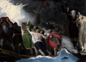 Prospero og Miranda, til høyre, står på øya mens sjømennene er forliste