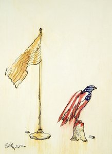 American Eagle anskaffer amerikansk flaggfarging, 1985 (penn og fargevask om bord) av George Adamson