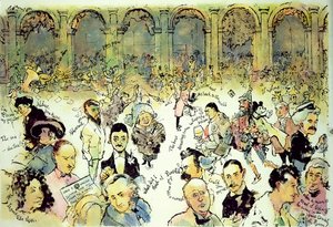 Berømte ansikter utenfor Florians på Piazza San Marco, Venezia, ca. 1990 (gouache på hardboard med blekk på acetatoverlegg) av George Adamson