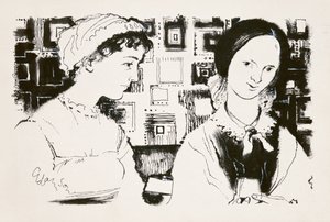 Jane Austen (1775-1817) og Charlotte Bronte (1816-55) - et imaginært møte (indisk blekk om bord) av George Adamson