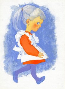 Little Girl with Apron, 1970-tallet (gouache på gessoed hardboard) av George Adamson