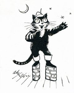 Puss in (murveggplattform) støvler (blekk på gjennomsiktighet over hvitt kort) av George Adamson