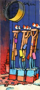 Robins and Spades, 1970-tallet (indisk blekk på gjennomsiktighet over gouache på kort) av George Adamson