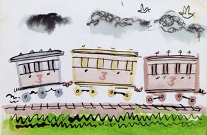 Steam Train, del II, 1952 (indisk blekk og penn og vask på papir) av George Adamson