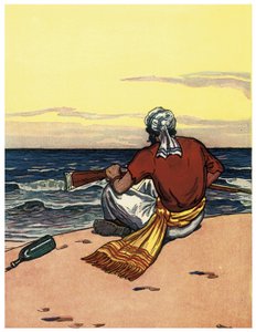En pirat forlater på en øde øy ser på horisontlinjen Illustrasjon fra "The Boys Books of Pirates"" av George Albert Williams (1875-1932) 1914