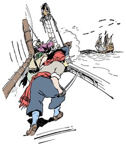 Et sjørøverskip som jager et skip Illustrasjon fra «Guttens bok om sjørøvere og de store sjørøverne»» av George Albert Williams (1875-1932) 1900