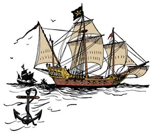 Et sjørøverskip utenfor Turtle Island i det karibiske hav Illustrasjon fra "Guttens bok om pirater og de store sjøroverne"" av George Albert Williams (1875-1932) 1900