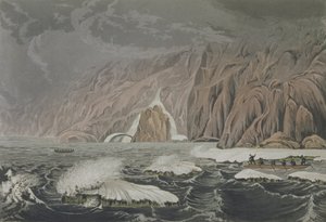 Ekspedisjon som dobler Cape Barrow, 25. juli 1821, fra Narrative of a Journey to the Shores of the Polar Sea in the Years 1819-22 av Sir John Franklin (1786-1847) gravert av Edward Finden (1791-1857) pu