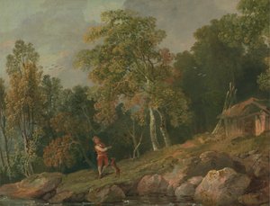 Skoglandskap med en gutt og hunden hans