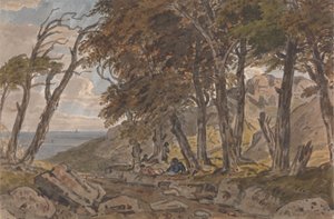 Figurer på bredden av en skogkledd vei, med havet i avstand til venstre av George Barret Jr.