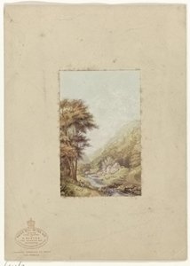 Kupert landskap med bekk Water Mill on the Wye (tittel på objekt) av George Baxter