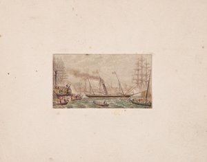 Nålebokstrykk: The Royal Fleet in Kilkenny Bay (?) av George Baxter