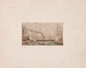 Nålebokstrykk: The Royal Fleet in Kilkenny Bay, 1850. av George Baxter