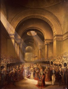 Ankomsten av hennes mest nådige majestet dronning Victoria til House of Lords for å åpne sitt første parlament (trykk) av George Baxter