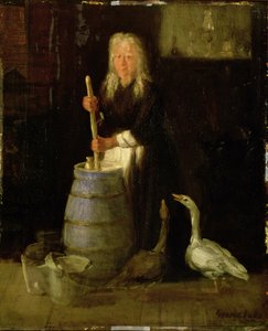Kvinne kjerner smør (olje på panel)