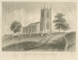 Ipstones kirke: sepia tegning av George Buckler