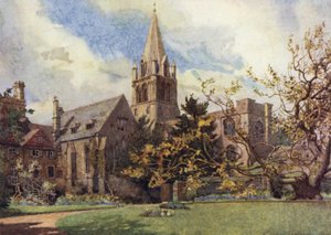 Oxford: Christ Church fra en av Canon's Gardens (farge litho) av George Carline