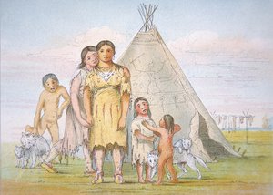 En Comanche-familie utenfor tipien deres av George Catlin