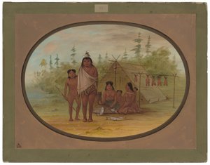 En flathodehøvding med familien sin av George Catlin