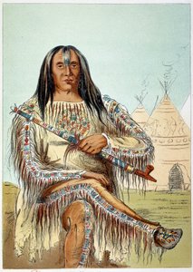 Amerikanske indianere: Portrett av en leder av blackfoot-stammen (svarte føtter) på rundt 50 år. Illustrasjon av George Catlin (1794-1872)