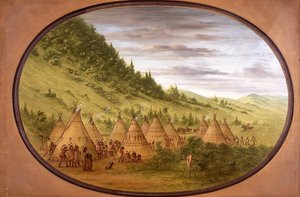 En ojibwe-landsby med telt av skinn av George Catlin