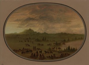 Bivuakk av et Sioux-krigsfest ved soloppgang, 18611869. av George Catlin